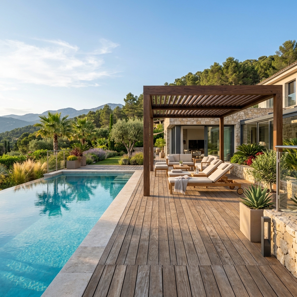 Deck de luxo ao redor de piscina com pergolado de madeira